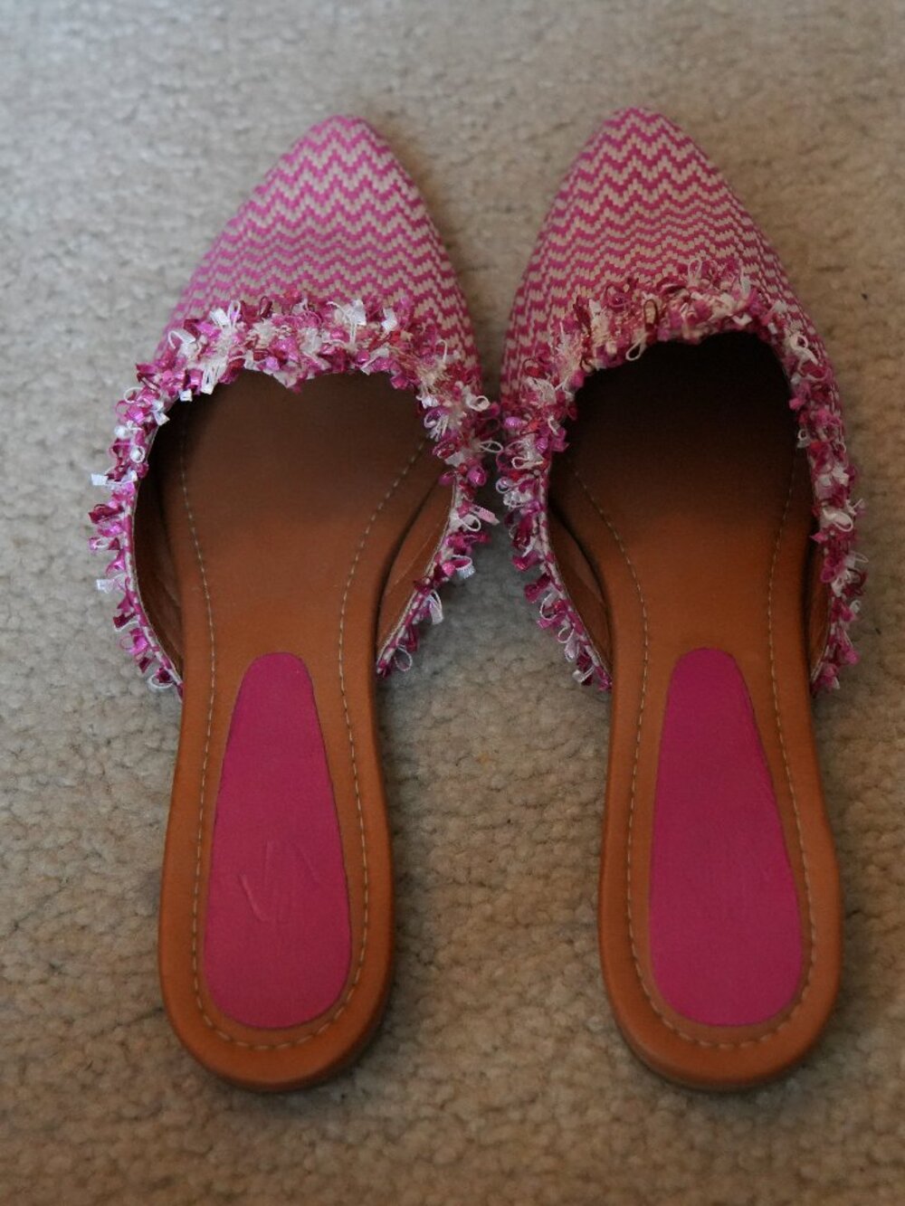 Silvia Cobos Maria Pink Chevron Pointy Flat Mules Fringe Size 8